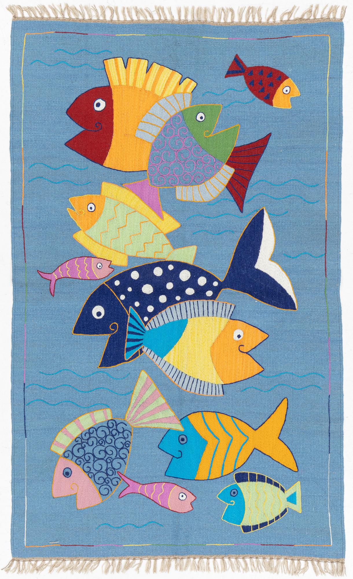 Matta, kelim, handbroderad, blå botten, ca 184 x 113 cm.