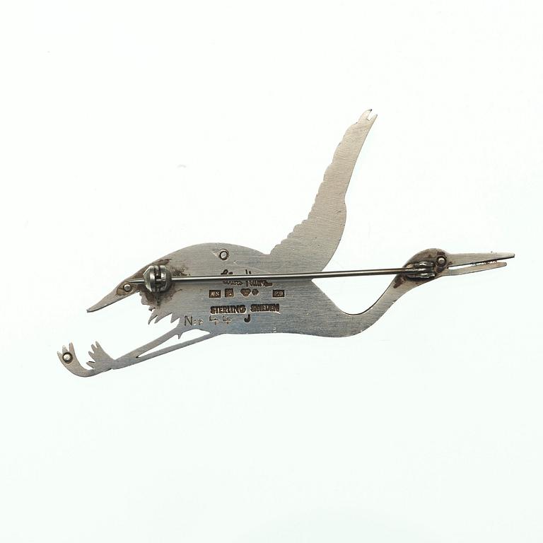 A Wiwen Nilsson sterling brooch of a flying crane, Lund 1965.