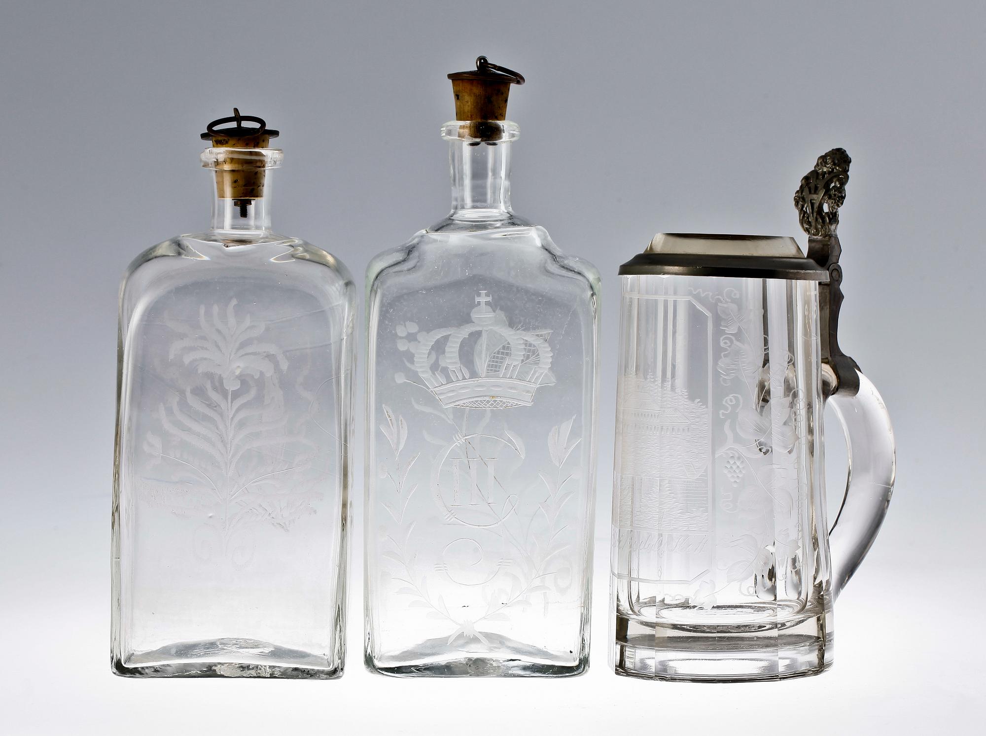 FLASKOR, 2 st. SAMT STOP, glas, Sverige 1800-tal.
