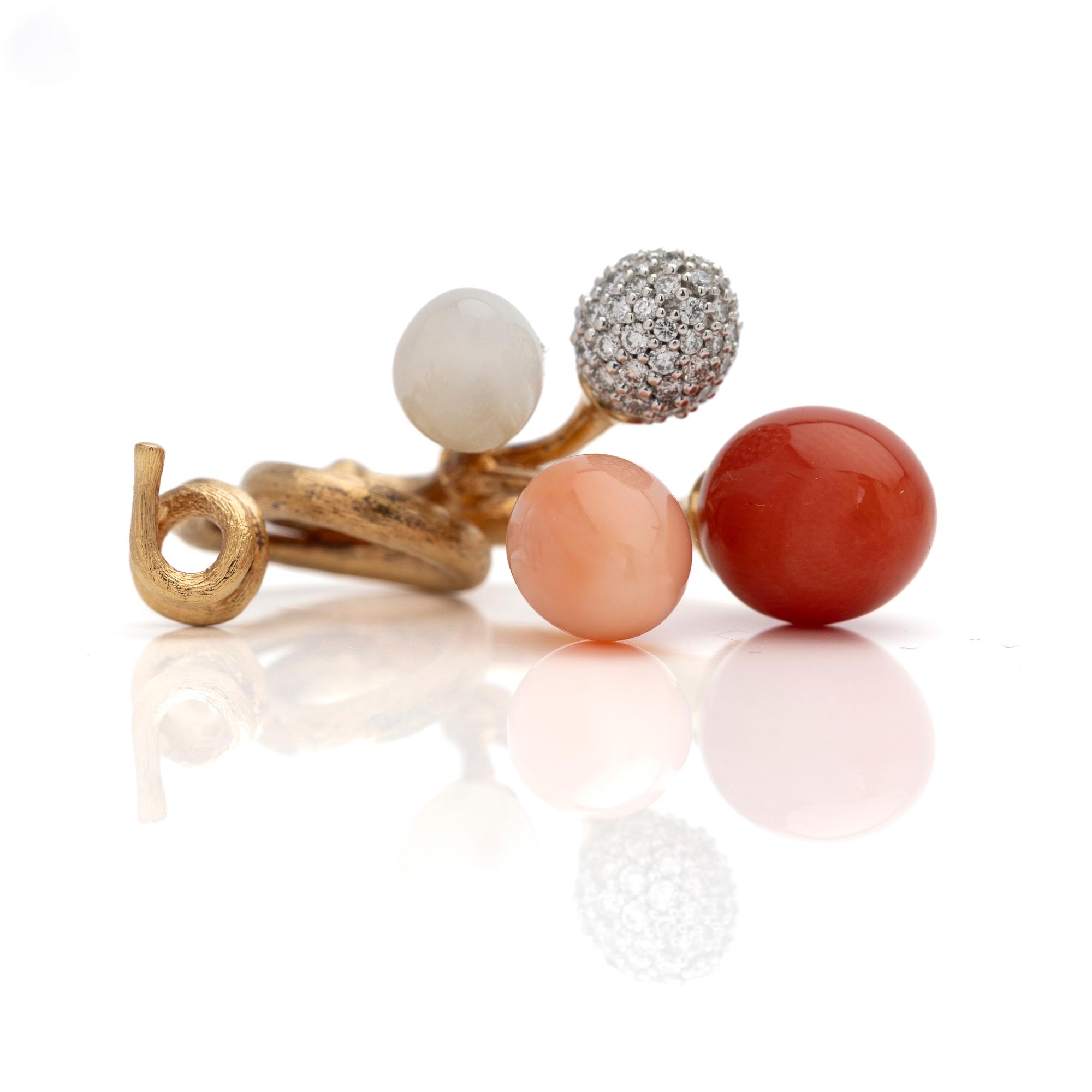 Ole Lynggaard, Pendant, 18K rose gold with red and pink coral, white moonstone and brilliant-cut diamonds, designed by Charlotte Lynggaard.