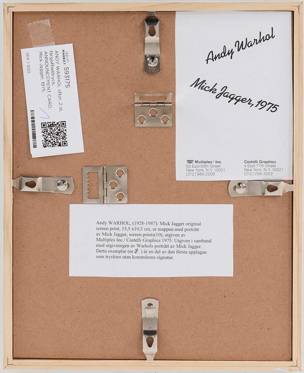 ANDY WARHOL efter, 2 st, färgoffsettryck, ANNOUNCEMENT CARD, Mick Jagger, 1975.