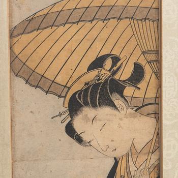 Suzuki Harunobu, dam i svart med paraply.