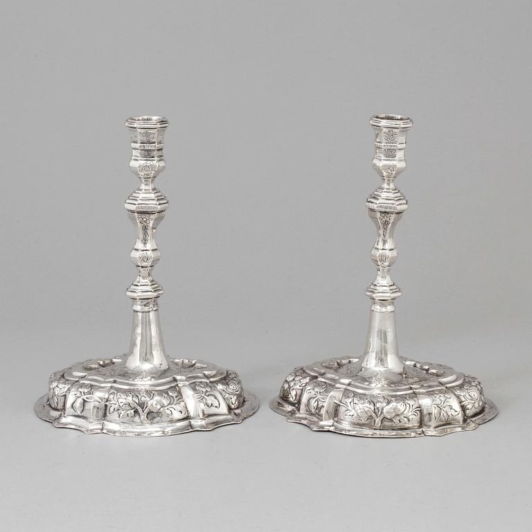 A pair of 18th century silver candlesticks, unidentified makers mark, Breslau 1737-1745.