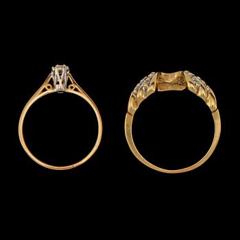 RINGAR, 2 st, 9k resp 14k guld med briljantslipade diamanter, 1900-tal. Tot vikt 5 g.