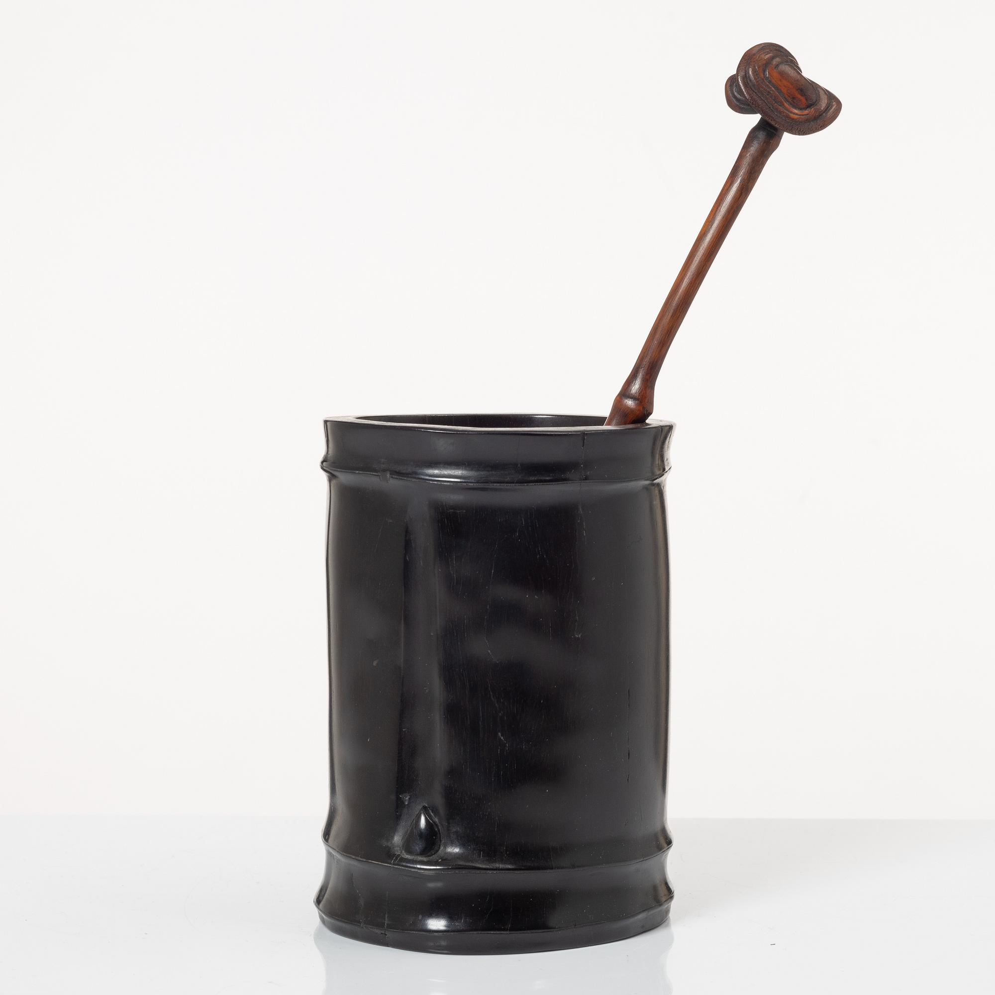 A hardwood bamboo shaped brushpot with a sceptre, China, 20th century.