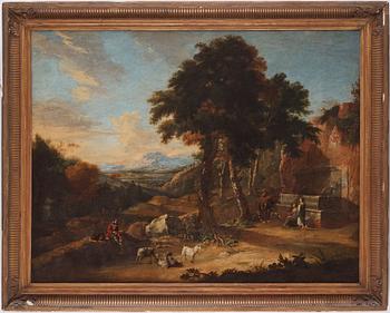 Nicolaes Berchem Attributed to, Italianate landscape with resting figures.