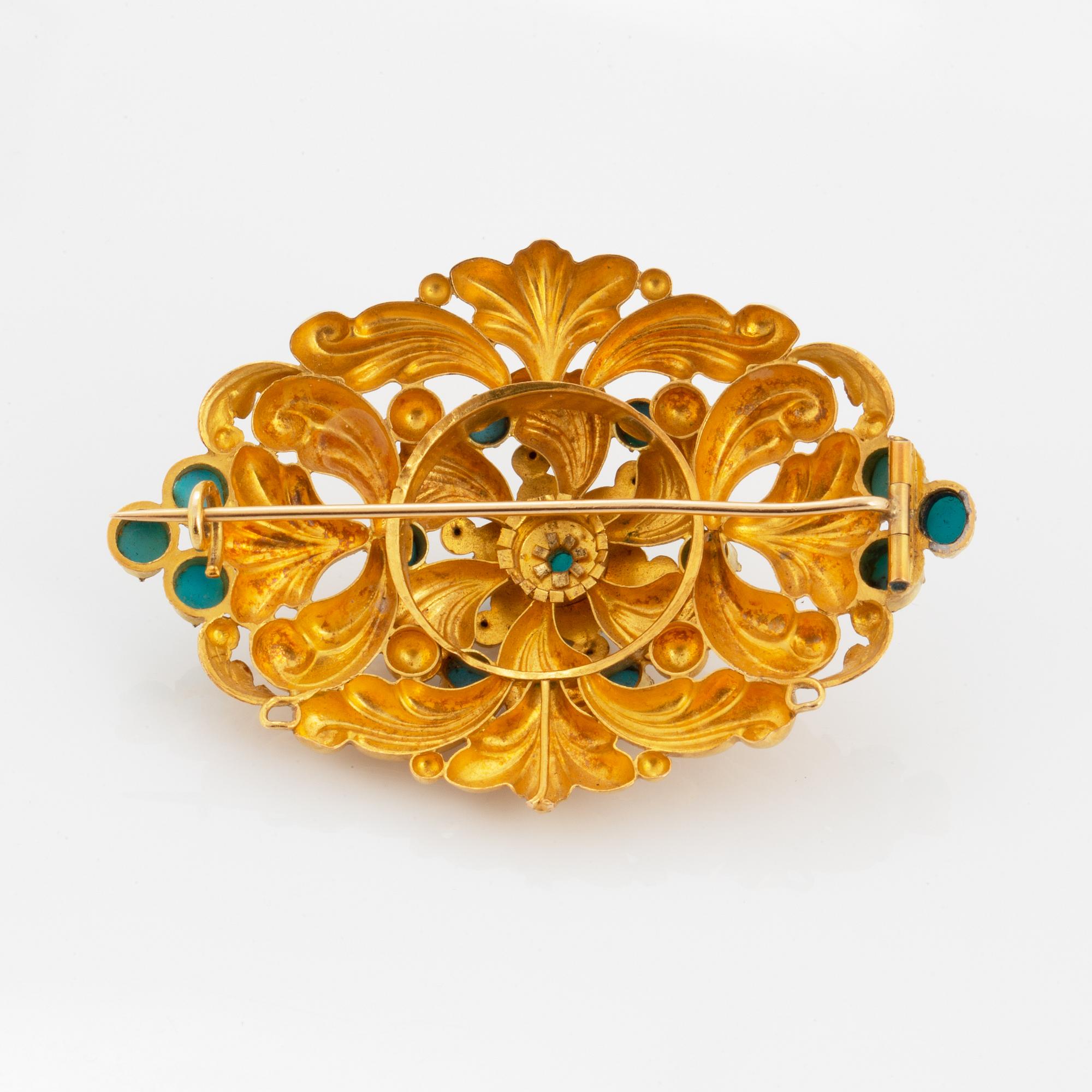 Garnityr, brosch samt örhängen, guld med turkoser. Empire.