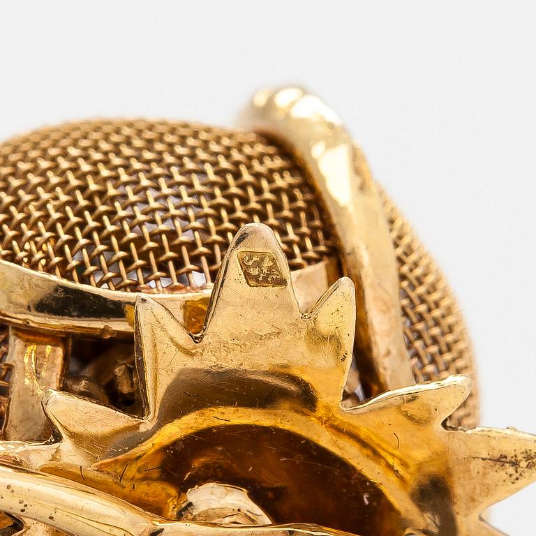 Brosch, "en treblant" ,18K guld i form av ros, med diamant,rubiner, safirer och smaragder. Franska stämplar.