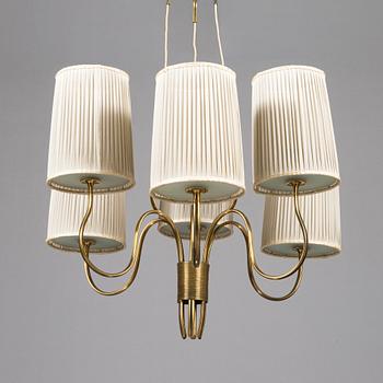 Paavo Tynell, a six-armed brass pendant ceiling light, Taito/ Idman, mid-20th century.