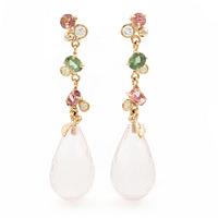 Earrings, Mandelstam, 18K gold with briolette-cut pink quartz, brilliant-cut diamonds, and pink and green tourmalines.