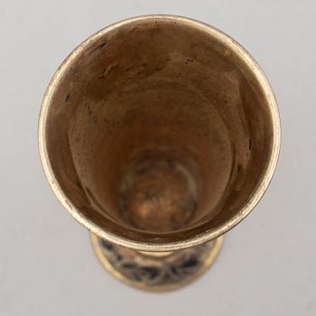 Two similar silver-gilt champagne flutes, unidentified makers mark, Moscow 1843.