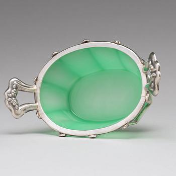 An Austrian mid 19th century silver and green glass bowl and cover on dish, un identified makers mark, Vienna 1845.