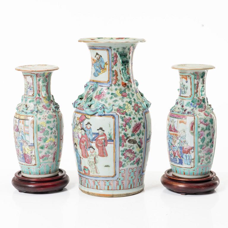 A group of three famille rose vases, Qing dynasty, late 19th century.
