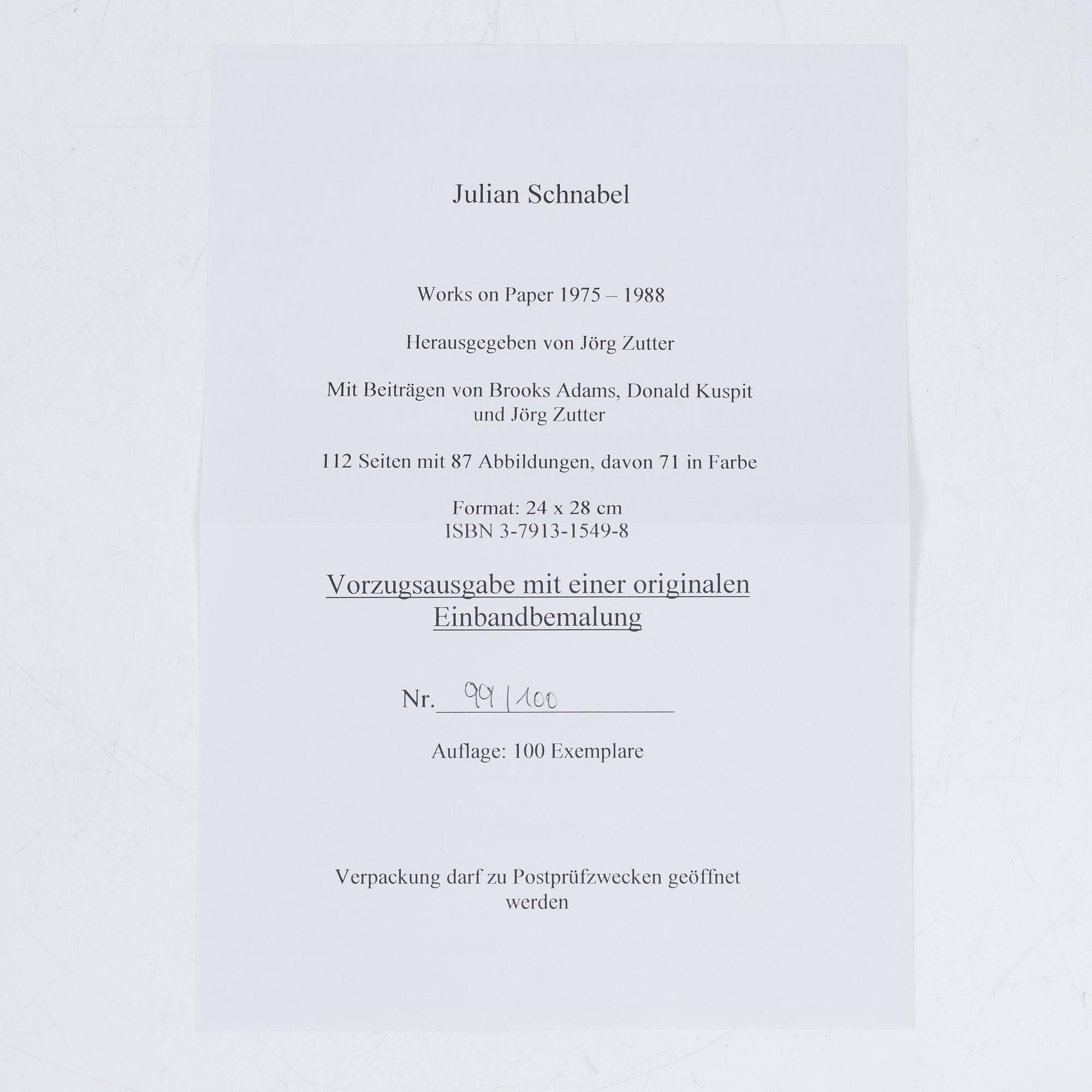 Julian Schnabel, "Works on Paper 1875-1988" med egenhändigt målat omslag.