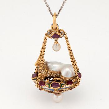 A neo-renaissance enamel lamb of God pendant/necklace with a large baroque pearl, rubies and diamond.
