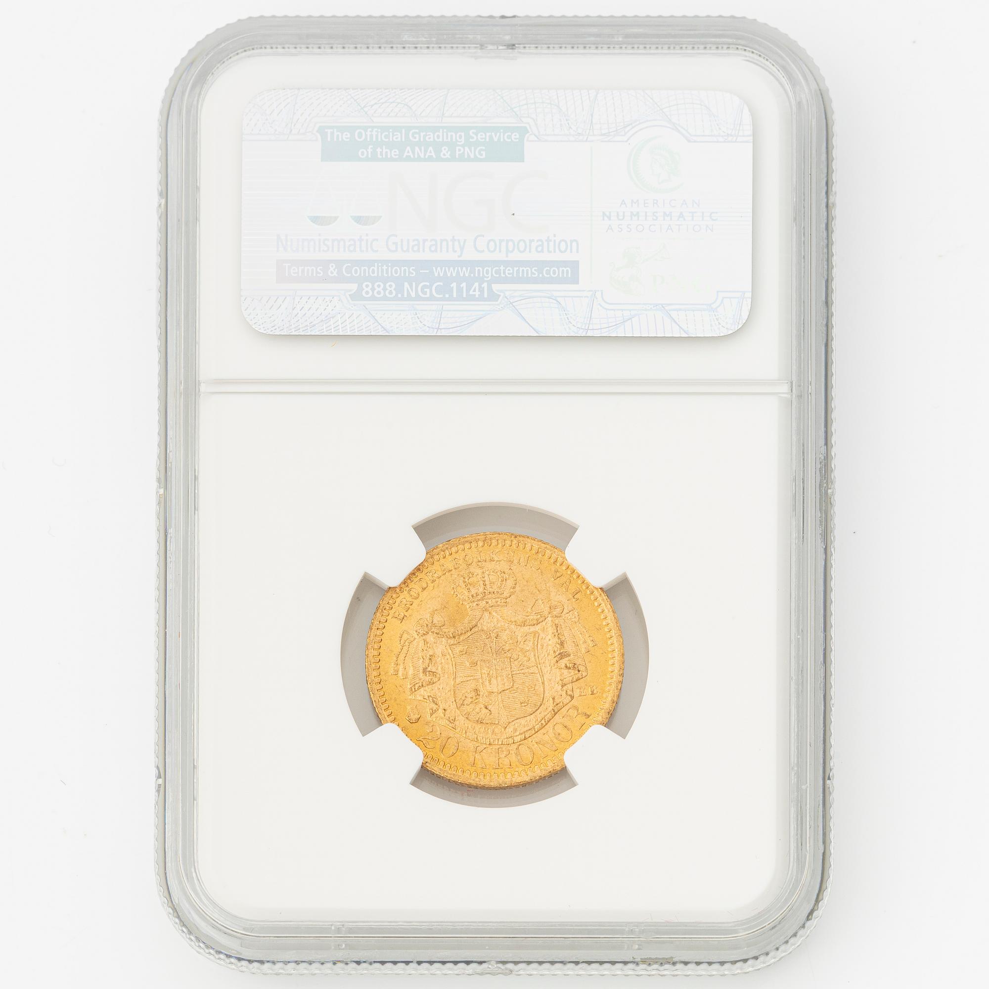 Guldmynt, Oscar II, 20 kronor, typ III, Sverige 1878.