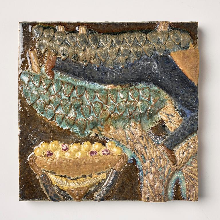 Stig Lindberg, a chamotte stoneware relief, four pieces, Gustavsberg Studio 1940s.