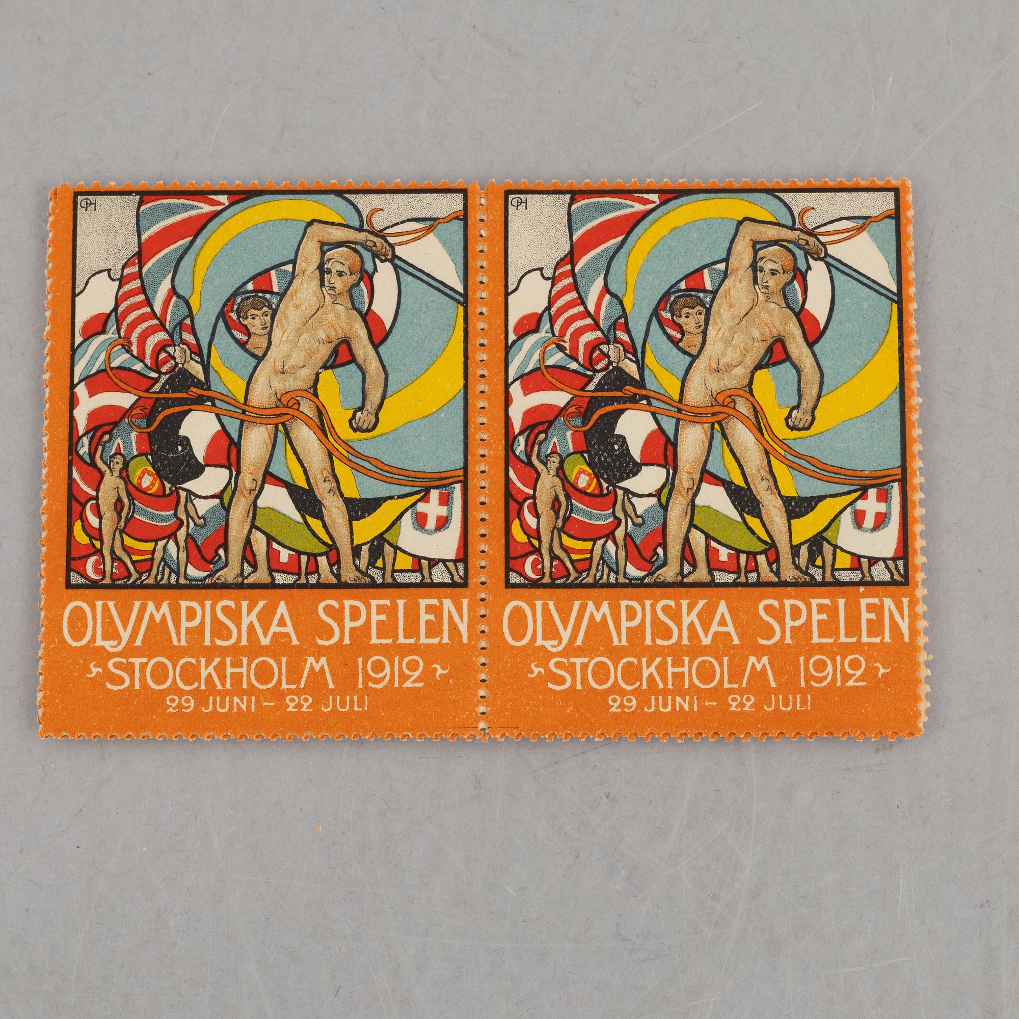 Olle Hjortzberg, efter, samling frimärken/brevmärken, ca 180 st, Olympiska Spelen Stockholm 1912.