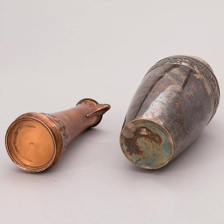 An early 20th Century Jugend copper and brass jug and silver-plated vase.