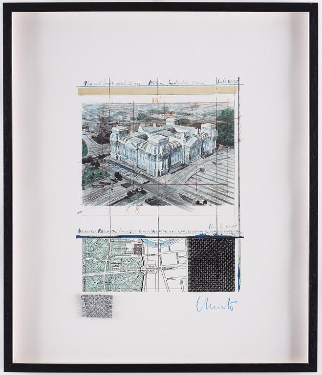 CHRISTO & JEANNE-CLAUDE, Offset print with fabric, signed in blue chalk.