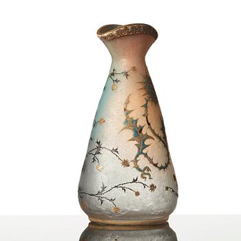 Daum, an opalescent etched and enamel painted glass vase, Nancy, France, 1890's.