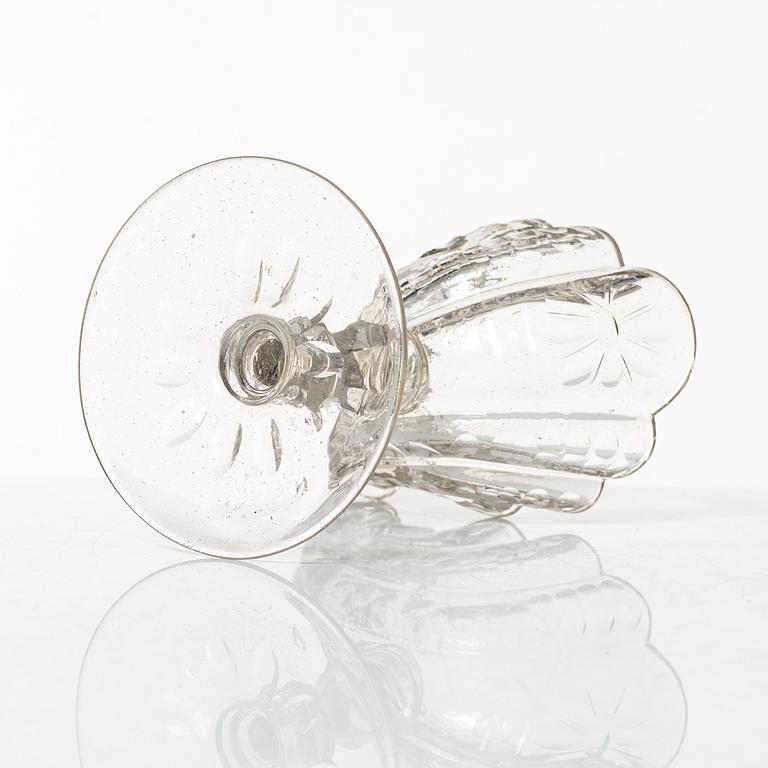 A cut glass, shell formed, bowl on facetted stem, Silesia, 18th Century.