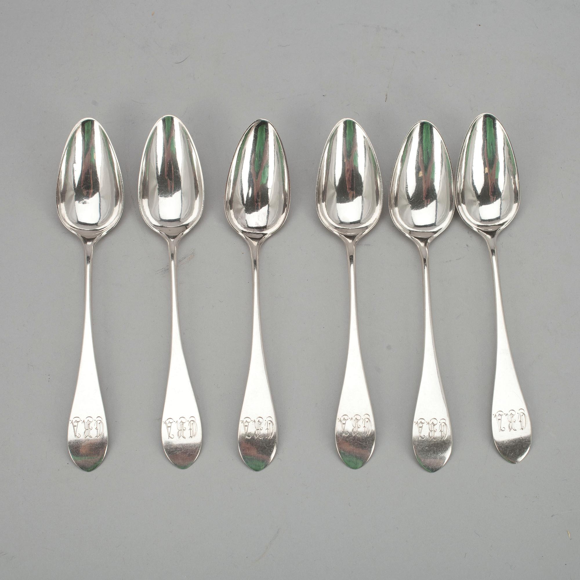 TESKEDAR, 6 st, silver, Wilhelm Pettersson, Åbo 1892. Vikt tot. 105 g.