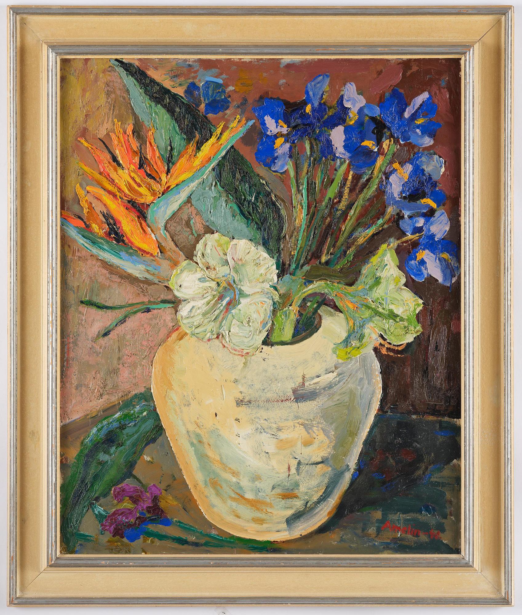 Albin Amelin, Still life with parrot flowers, iris, and white amaryllis.