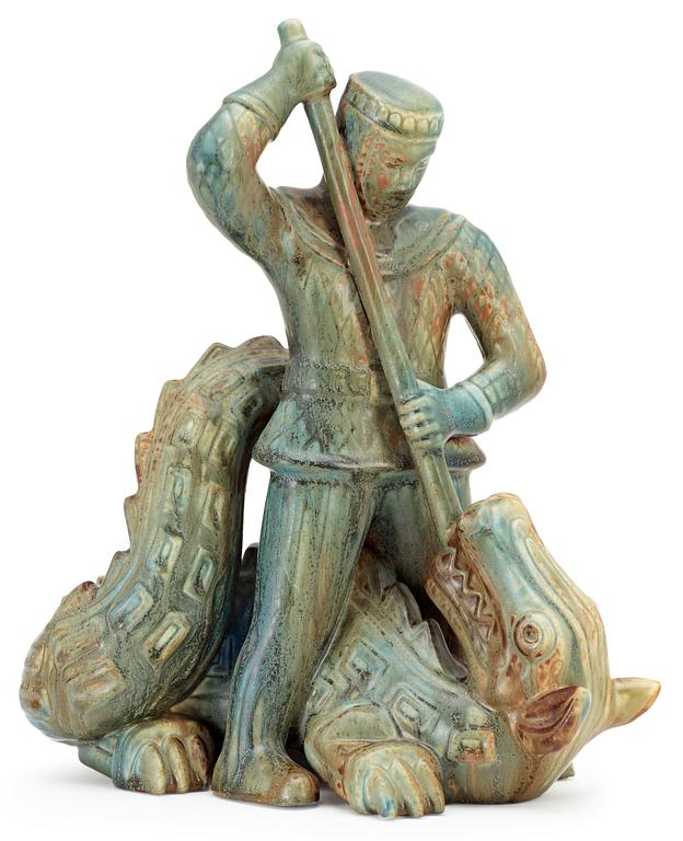 A Gunnar Nylund stoneware sculpture of S:t Michael and the dragon, Rörstrand.