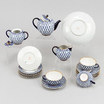 Teaservice, porcelain, 16 pcs "Cobalt net", Lomonosov, Soviet Union.