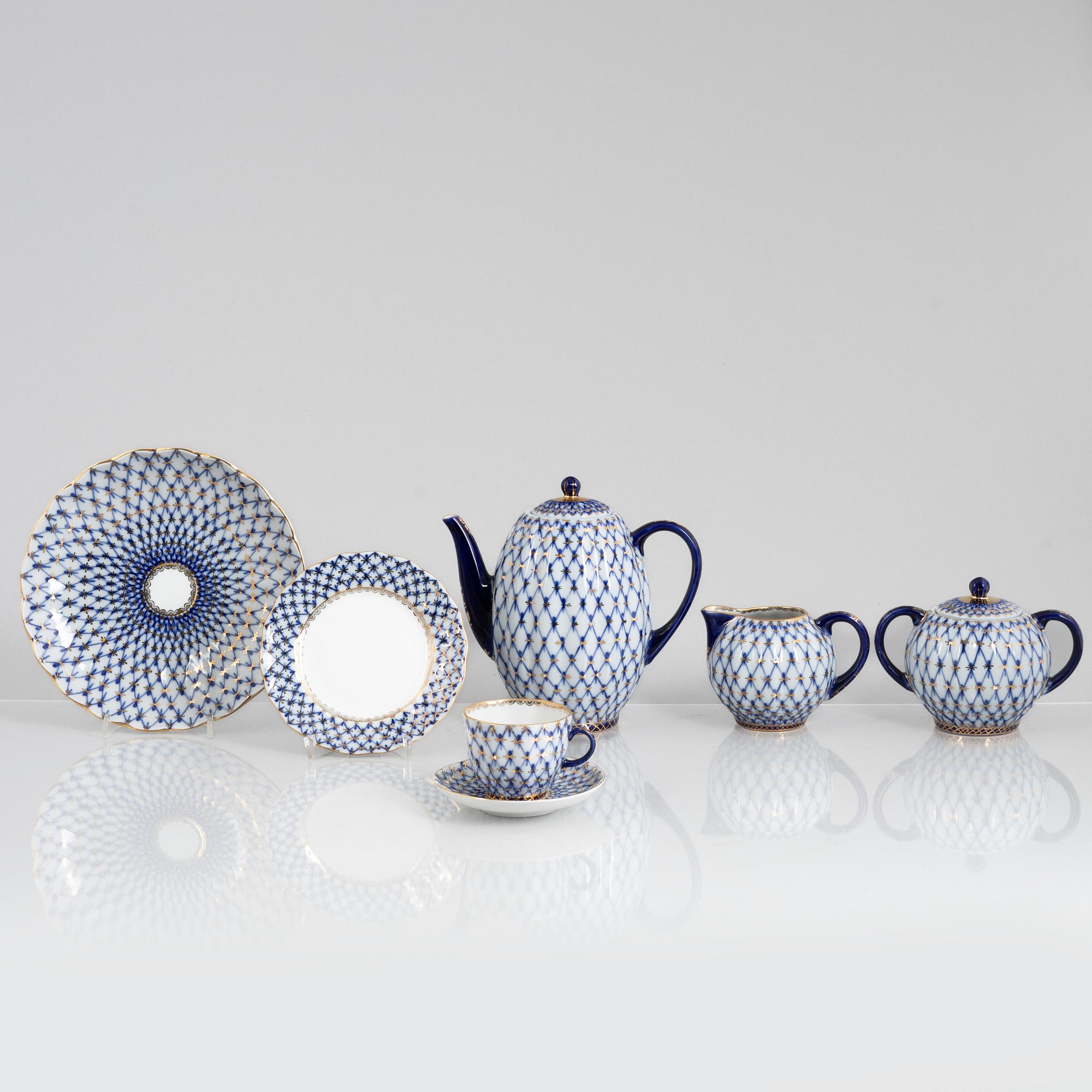 A 32-piece 'Cobalt Net' porcelain coffee service, Lomonosov, Soviet Union.