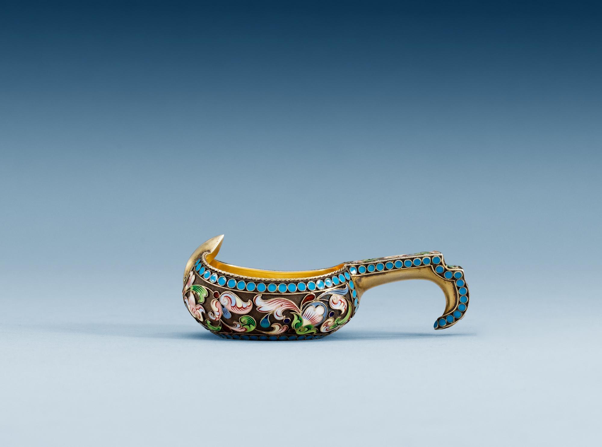 A RUSSIAN SILVER-GILT AND ENAMEL KOVSH, Makers mark of Ivan P. Chlebnikov, Moscow 1908-1917.