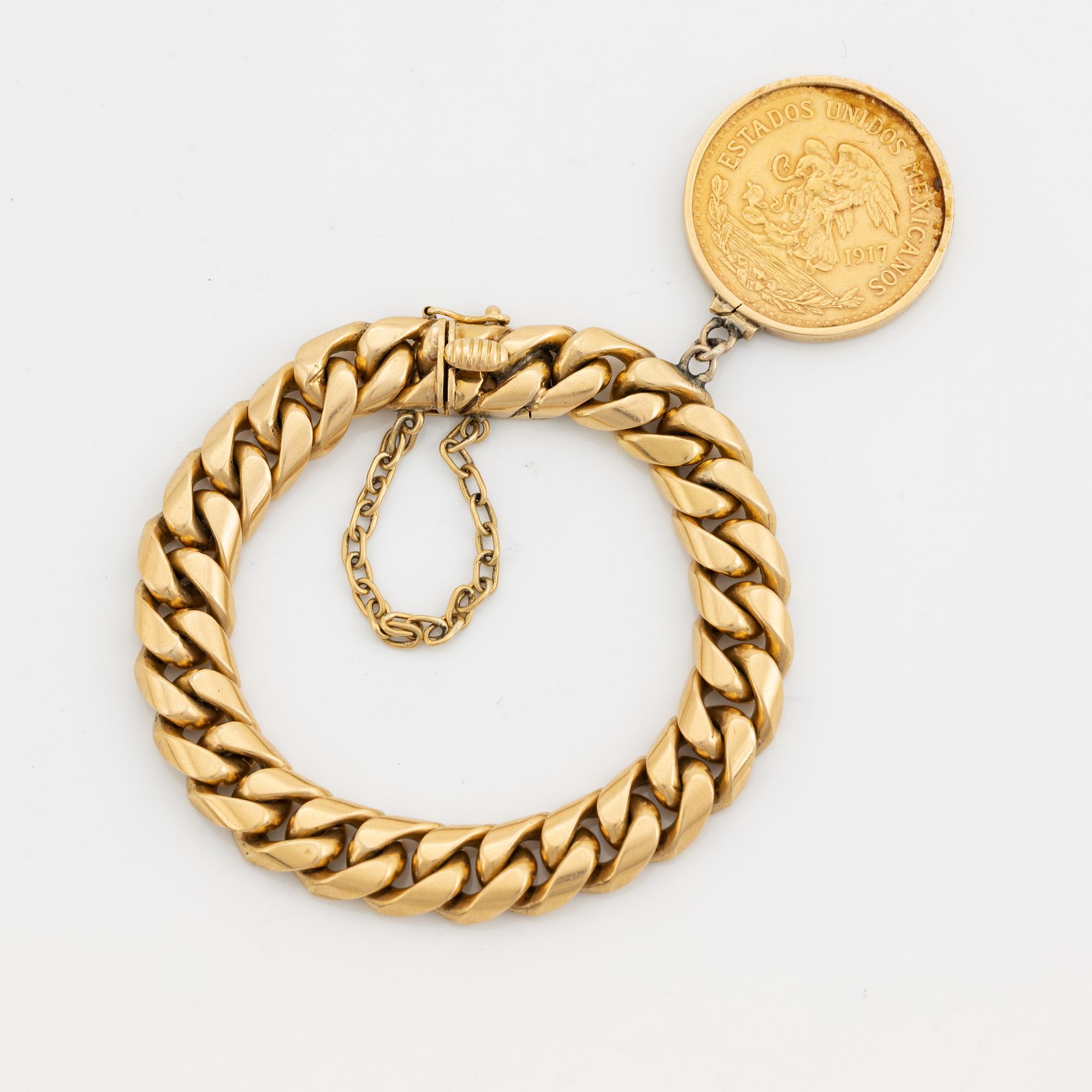 Armband, 18K guld, pansarlänk med mexikanskt guldmynt 20 pesos 1917.