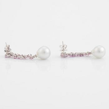 South sea pearl, pink sapphire and diamond earrings.