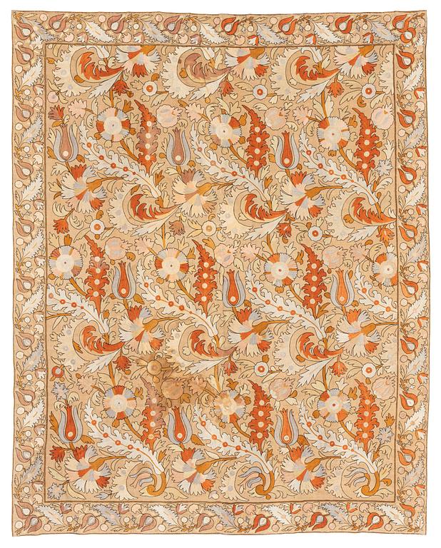 An embroidery, likely an antique Uzbekistan suzani, ca 226.5-230.5 x 180-182 cm.