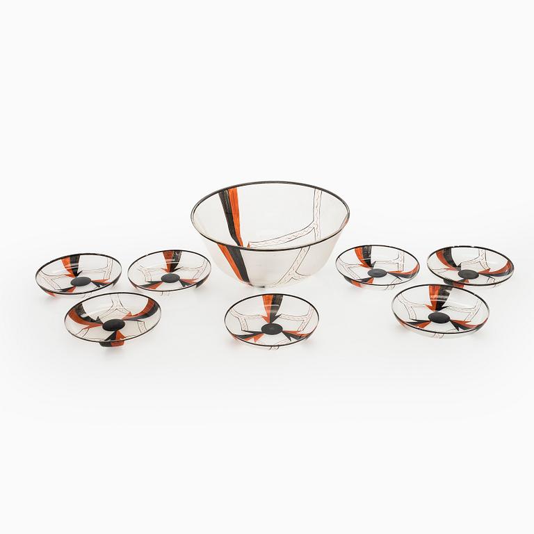 Bowl and 5 plates, glass, 1920s/1930s.
