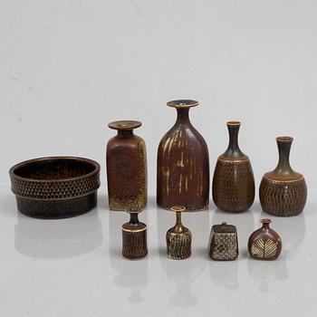 Stig Lindberg, a set of nine stoneware vessels, Gustavsbergs studio.