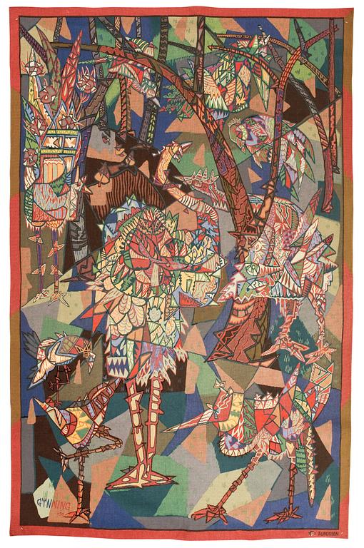 TAPESTRY. Gobelängteknik (tapestry weave). Signed GYNNING -50 PF AUBUSSON (Lars G. 1950, Pinton Frères). 228 x 146,5 cm.