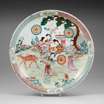 A large famille rose dish, late Qing dynasty, with Qianlong mark.