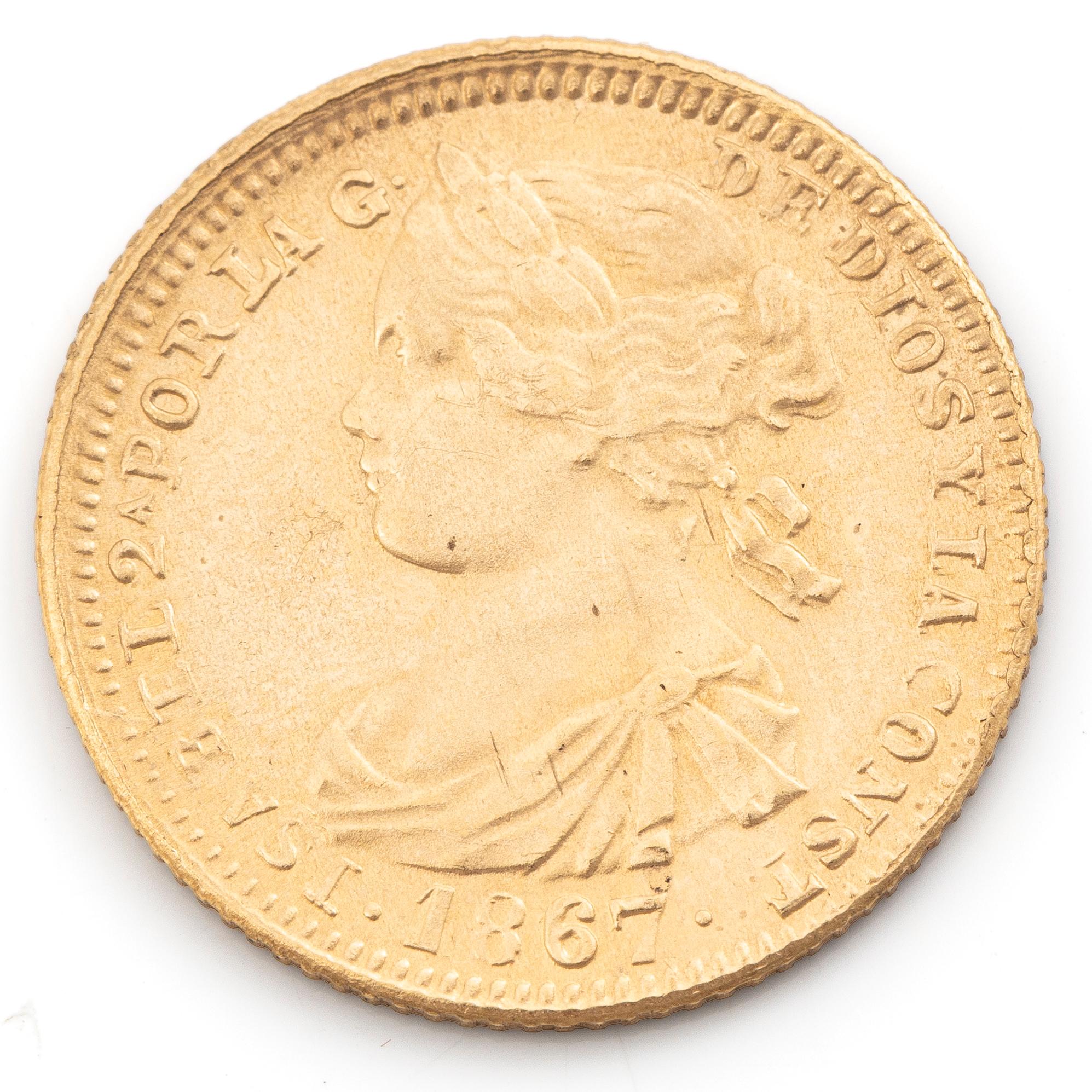 Gold coin, Spain, Isabella II, 4 Escudos, 1867.