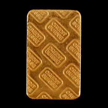 PLAKETT, Credit Suisse, fine gold 999,9 kt. Vikt 10 gram.