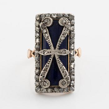 Ring, med blått glas och rosenslipade diamanter, troligen 1800-tal.