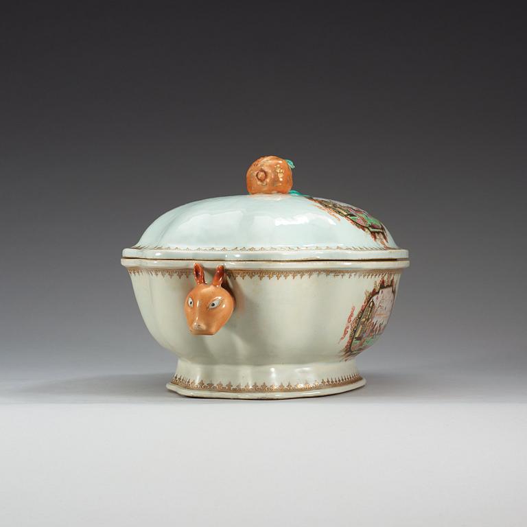 A famille rose 'European Subject' tureen with cover and stand, Qing dynasty, Qianlong (1736-95).
