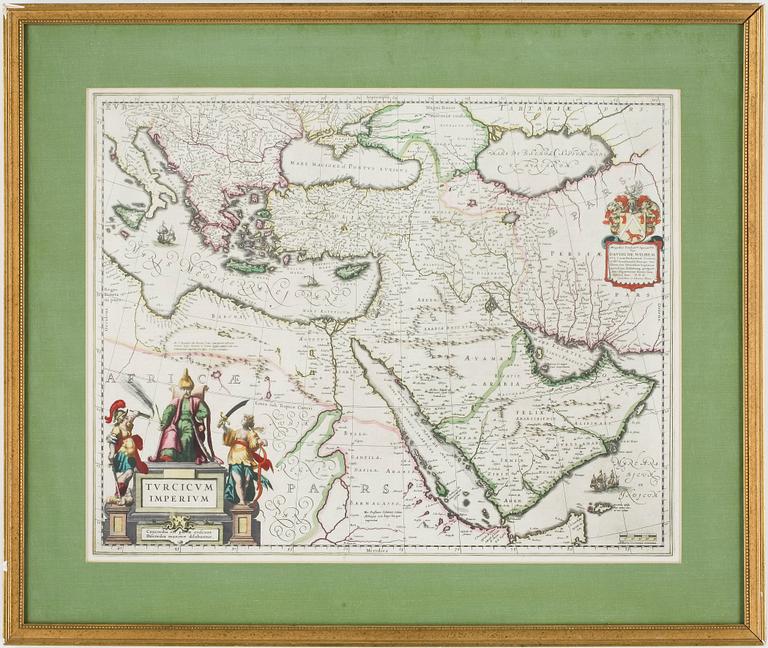 KARTA, handkolorerad etsning, "Turcicum Imperium", Johannes Bleau, ca 1639-1649.