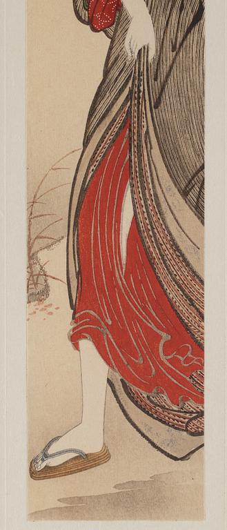 ISODA KORYUSAI (1735-1790), efter, färgträsnitt, troligen 1900-tal, samt OKÄND KONSTNÄR. Japan, troligen 1900-tal.