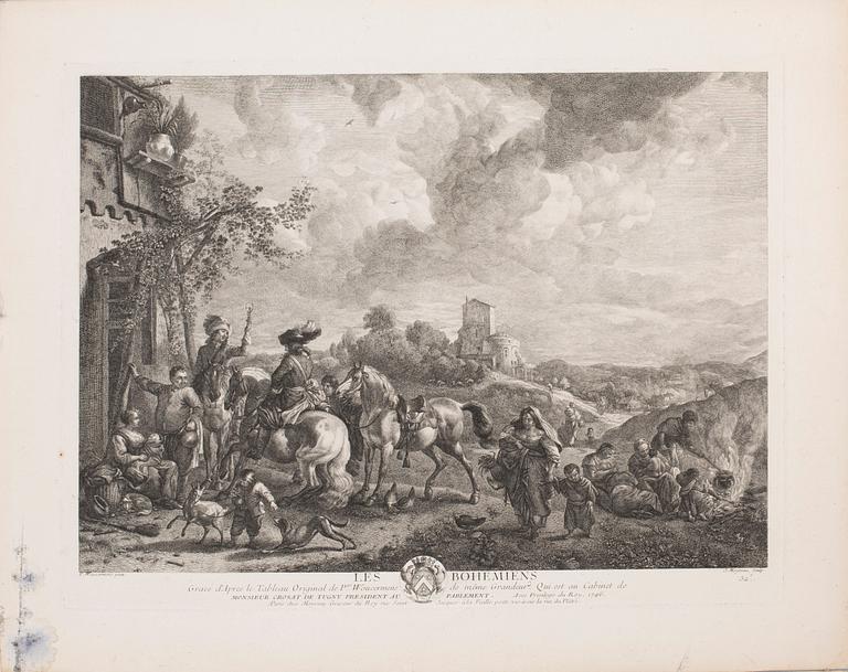 PHILIPS WOUWERMAN, after, six unframed coppar engravings, 18th century.