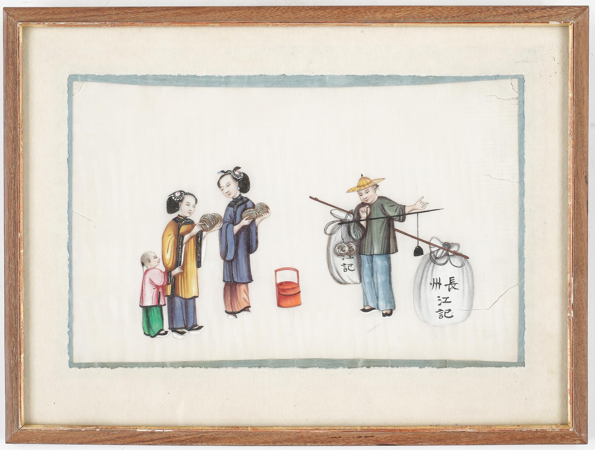 GOUACHER, på rispapper, 3st, Qing, Kina.