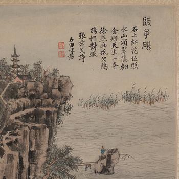 A Chinese album page, ink and colour on paper, signed Shitian, Wang Xu.