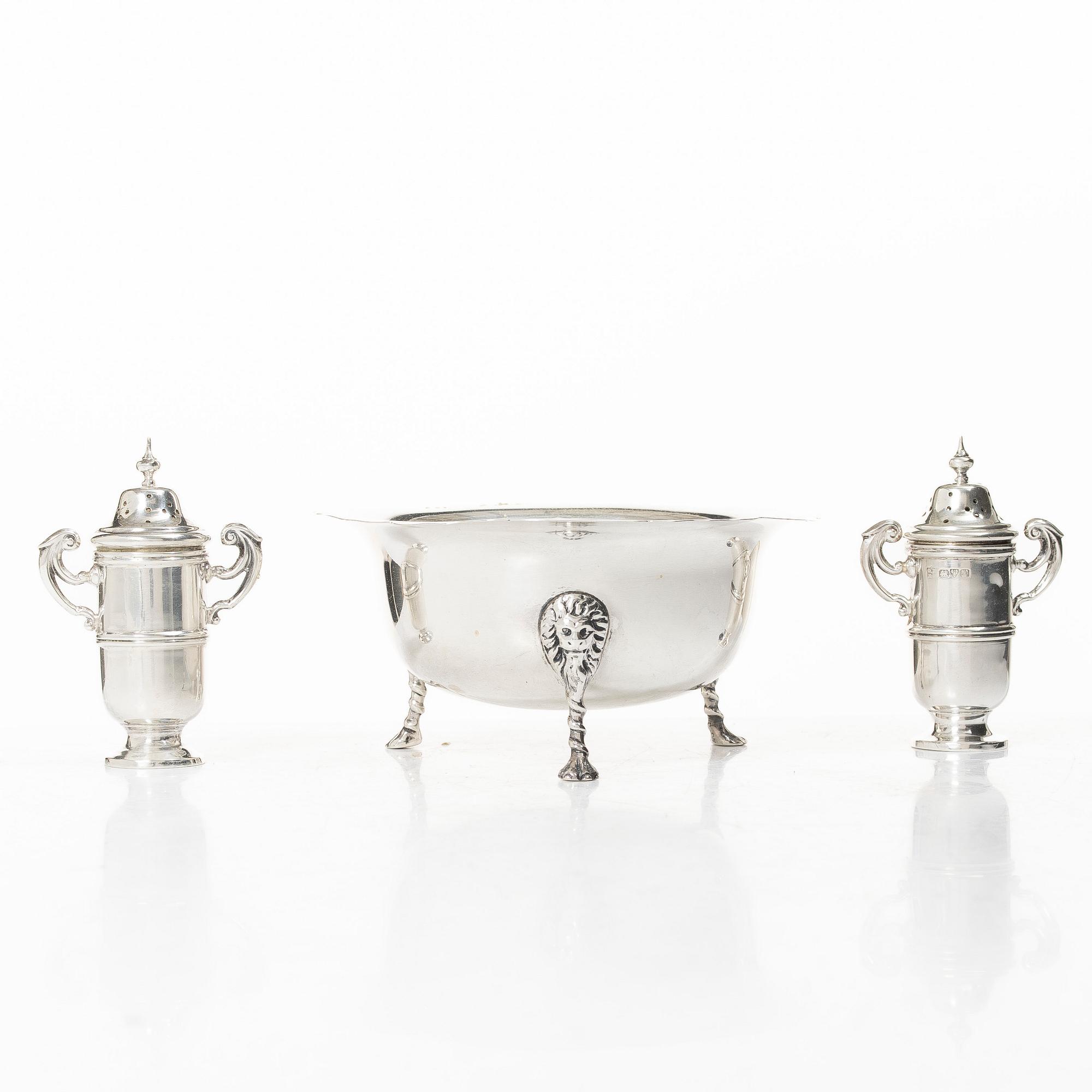 Bowl, along with salt and pepper shakers, silver, including mark of Wakely & Wheeler, Dublin 1910.