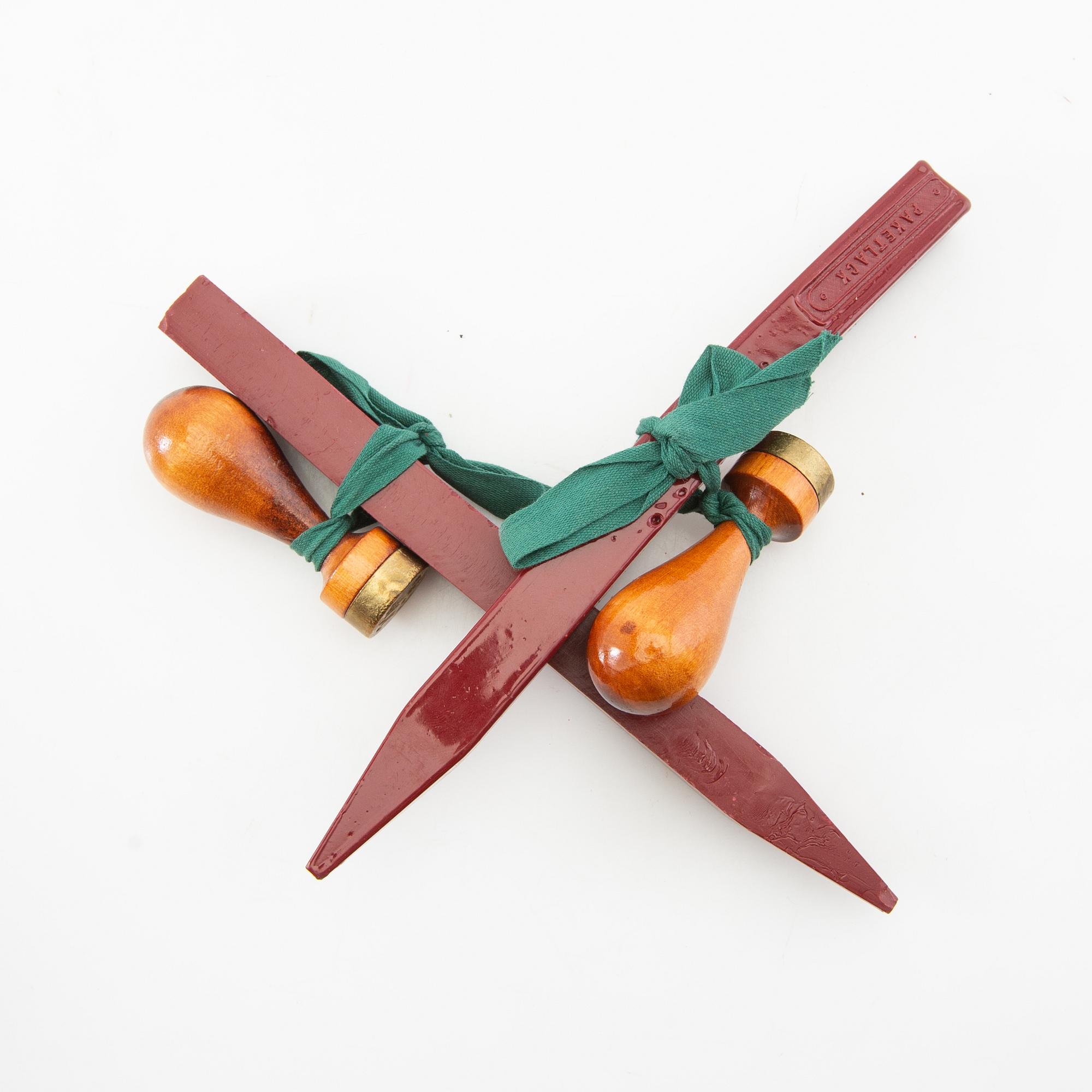 A collection of gnomes and lacquer sticks with seals 19 dlr first half/mid 20th century.